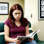 ** A woman sitting in a brightly lit radiology waiting room, looking anxious but trying to distract herself with a magazine. The scene is slightly blurred to convey a sense of unease and anticipation. Soft, diffused lighting. Focus on the woman's expression.

**
