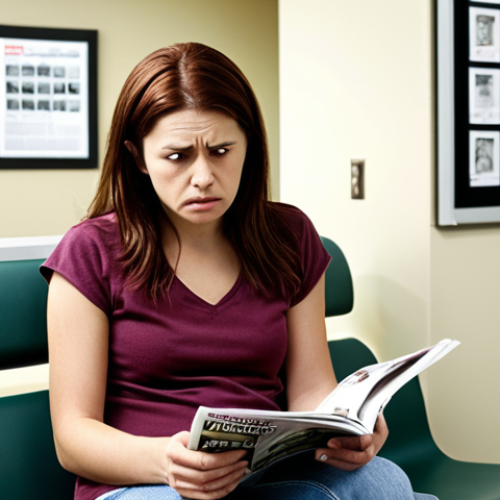 Home 14 ** A woman sitting in a brightly lit radiology waiting room, looking anxious but trying to distract herself with a magazine. The scene is slightly blurred to convey a sense of unease and anticipation. Soft, diffused lighting. Focus on the woman's expression.
**