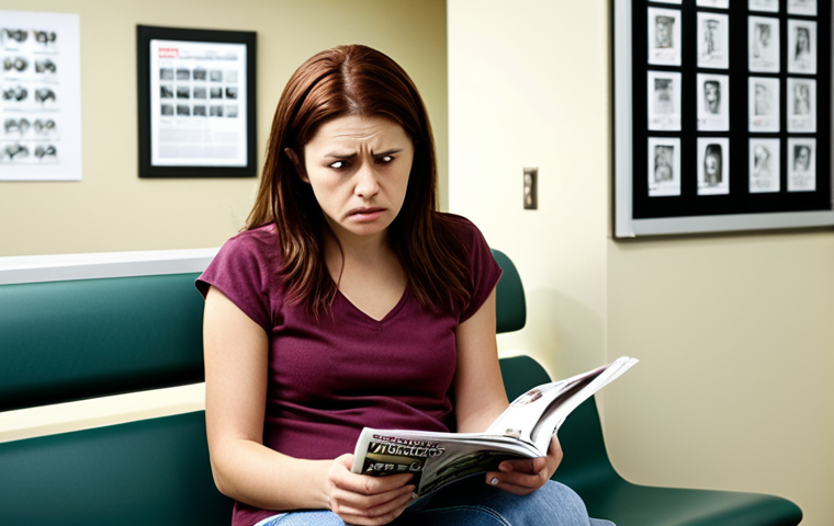 ** A woman sitting in a brightly lit radiology waiting room, looking anxious but trying to distract herself with a magazine. The scene is slightly blurred to convey a sense of unease and anticipation. Soft, diffused lighting. Focus on the woman's expression.
**