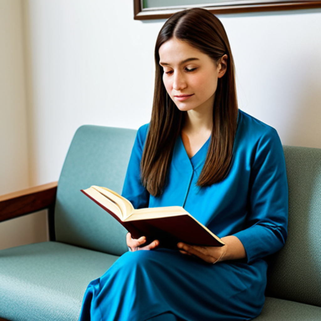 **

"A calm woman in comfortable, modest clothing sitting in a waiting room, holding a book, soft natural lighting, waiting for a medical appointment, fully clothed, appropriate content, safe for work, perfect anatomy, natural proportions, professional, family-friendly."

**