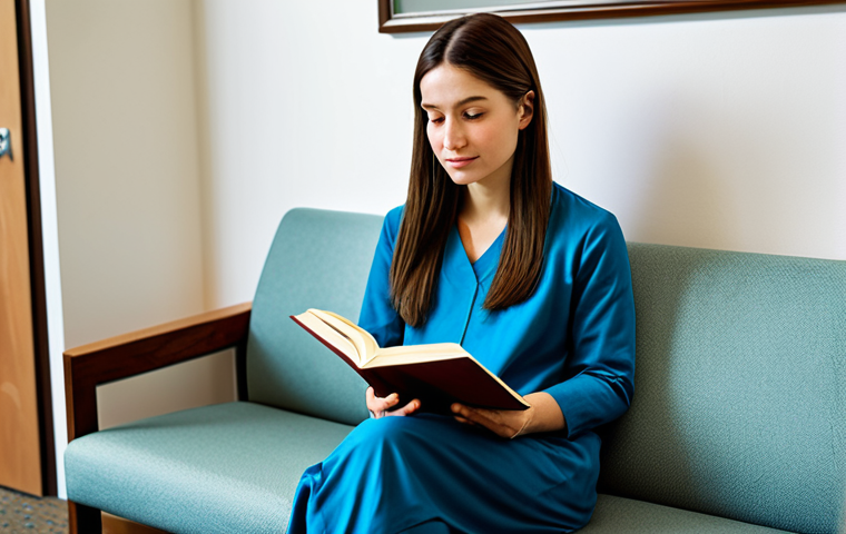 **

"A calm woman in comfortable, modest clothing sitting in a waiting room, holding a book, soft natural lighting, waiting for a medical appointment, fully clothed, appropriate content, safe for work, perfect anatomy, natural proportions, professional, family-friendly."

**
