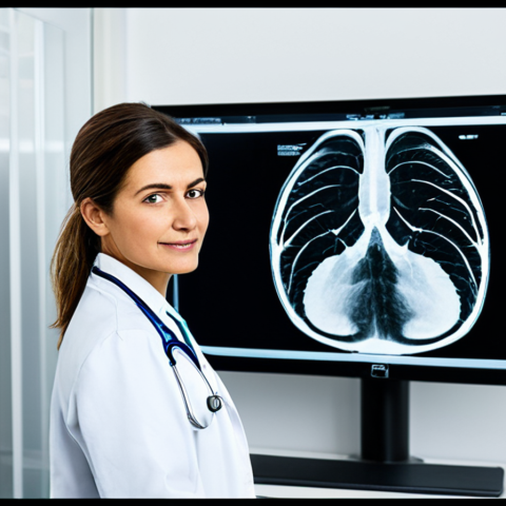 Modern Parisian Radiologist**

"A professional female radiologist in a modern, brightly lit Parisian clinic. She is reviewing a mammogram on a large monitor, wearing a clean lab coat and a stethoscope. The clinic is equipped with advanced imaging technology. Fully clothed, appropriate attire, professional environment, safe for work, perfect anatomy, correct proportions, professional photography, high quality."

**