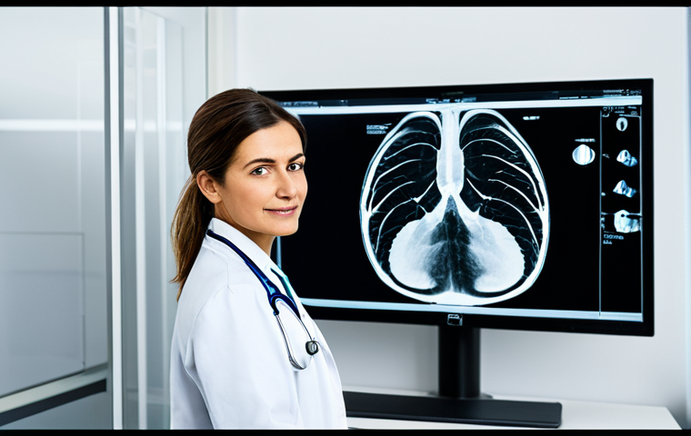Modern Parisian Radiologist**

"A professional female radiologist in a modern, brightly lit Parisian clinic. She is reviewing a mammogram on a large monitor, wearing a clean lab coat and a stethoscope. The clinic is equipped with advanced imaging technology. Fully clothed, appropriate attire, professional environment, safe for work, perfect anatomy, correct proportions, professional photography, high quality."

**