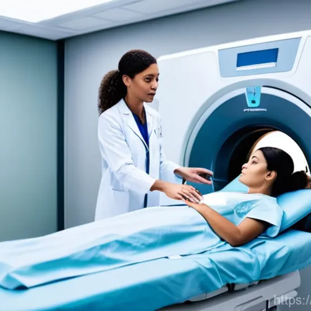 CT와 MRI 촬영 비교 - **Prompt:** A modern medical professional, a female radiologist in a clean white lab coat, stands be...