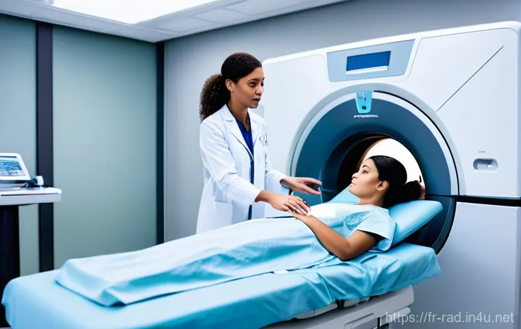 CT와 MRI 촬영 비교 - **Prompt:** A modern medical professional, a female radiologist in a clean white lab coat, stands be...