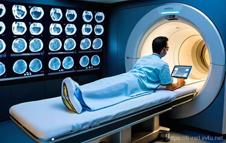 CT와 MRI 촬영 비교 - **Prompt:** A modern medical professional, a female radiologist in a clean white lab coat, stands be...
