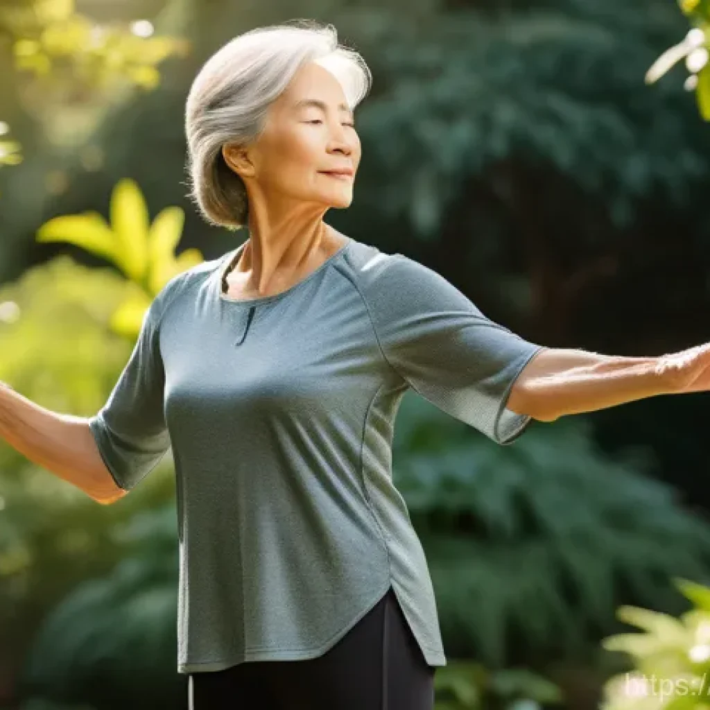 골밀도 검사 의료보험 비용 - **Prompt:** A serene and active older woman, gracefully performing a gentle tai chi movement in a su...