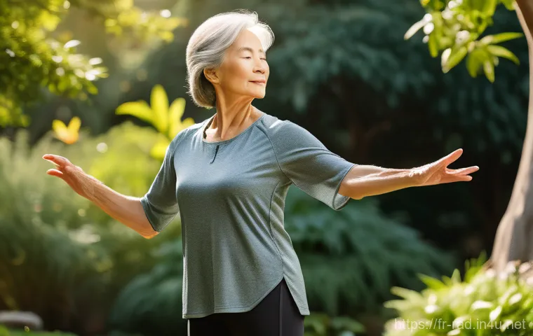 골밀도 검사 의료보험 비용 - **Prompt:** A serene and active older woman, gracefully performing a gentle tai chi movement in a su...