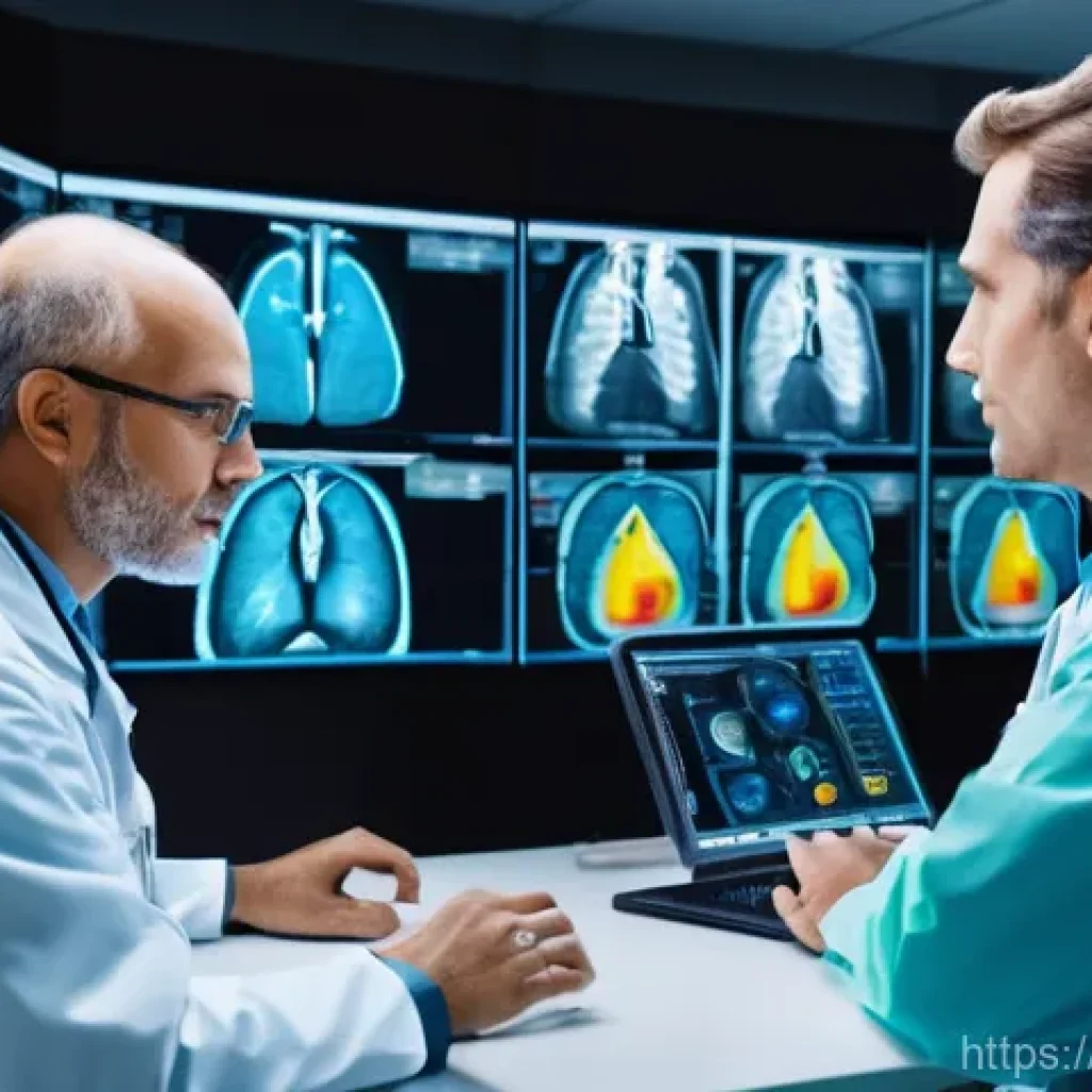 폐암 방사선 치료 효과 분석 - **A team of medical professionals meticulously planning a radiotherapy session in a high-tech contro...