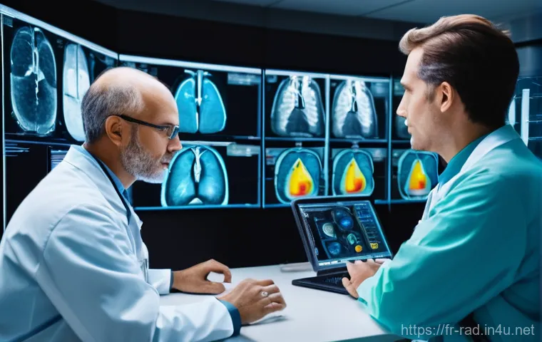 폐암 방사선 치료 효과 분석 - **A team of medical professionals meticulously planning a radiotherapy session in a high-tech contro...
