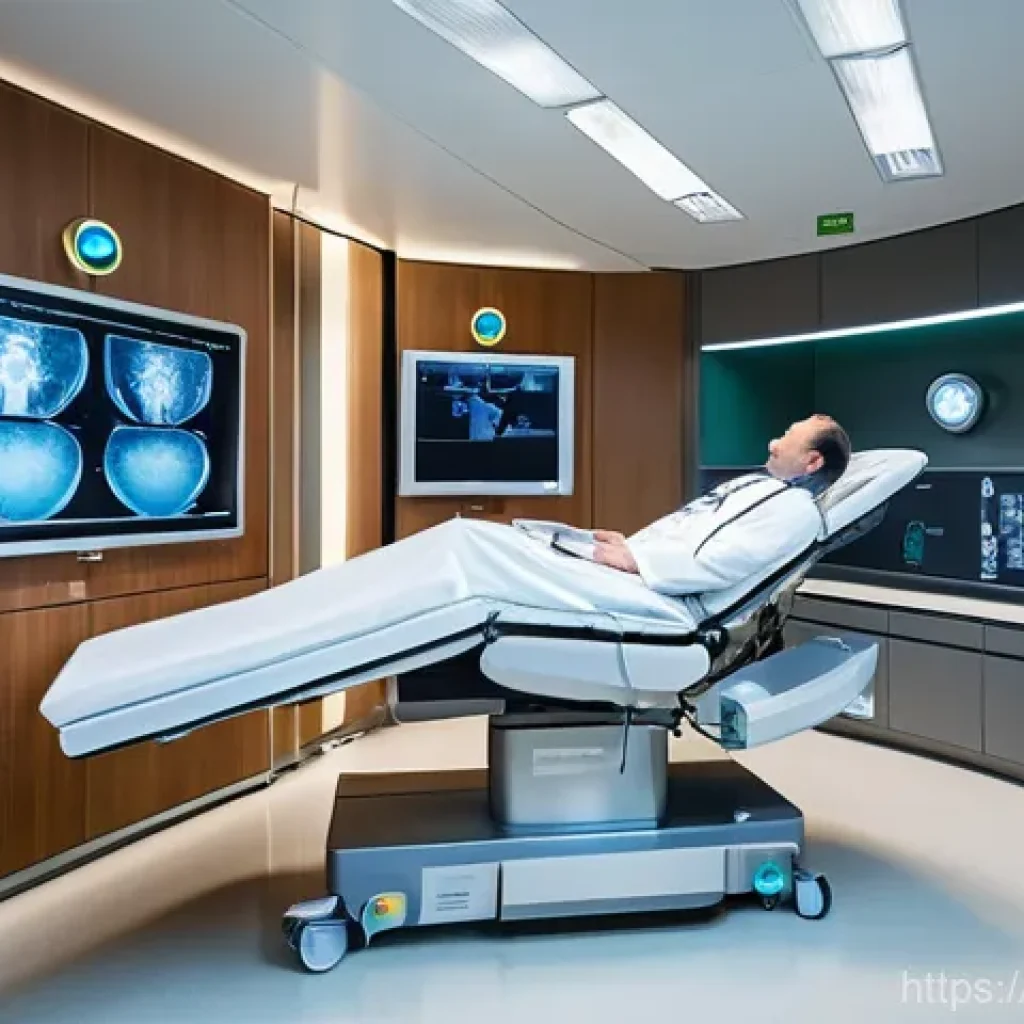방사선 치료 기간과 효과 - **Prompt:** A state-of-the-art radiotherapy treatment room with a patient lying comfortably and calm...