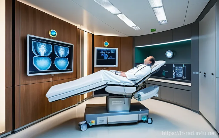 방사선 치료 기간과 효과 - **Prompt:** A state-of-the-art radiotherapy treatment room with a patient lying comfortably and calm...
