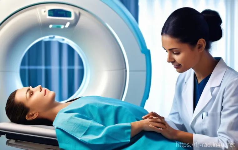 방사선 치료 기간과 효과 - **Prompt:** A state-of-the-art radiotherapy treatment room with a patient lying comfortably and calm...