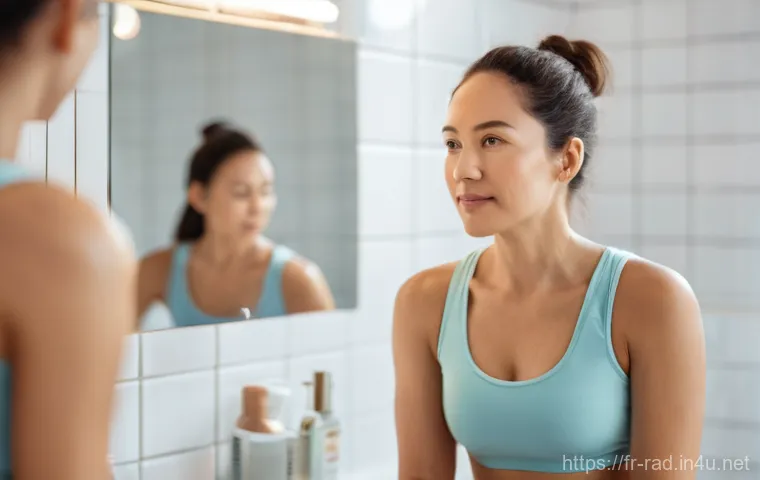 유방암 조기 검진 팁 - **Prompt for Self-Awareness and Self-Examination:**
    "A serene and confident woman, in her late 3...