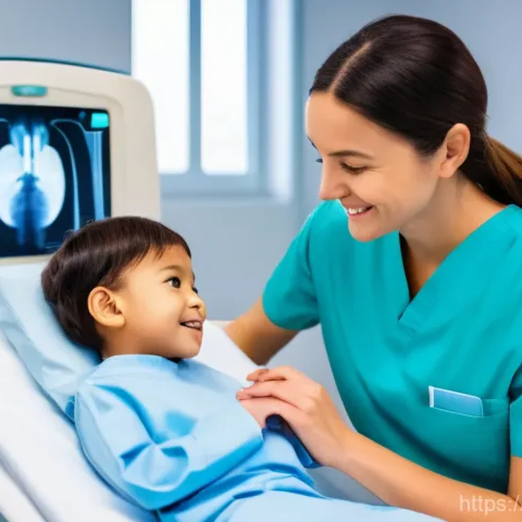 소아 방사선 검사 기준 - **Prompt:** A heartwarming scene in a modern, child-friendly pediatric radiology room. A young child...