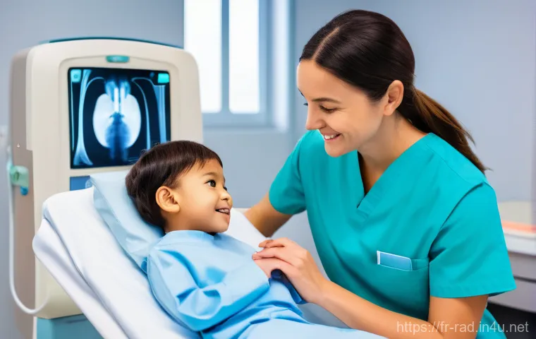 소아 방사선 검사 기준 - **Prompt:** A heartwarming scene in a modern, child-friendly pediatric radiology room. A young child...
