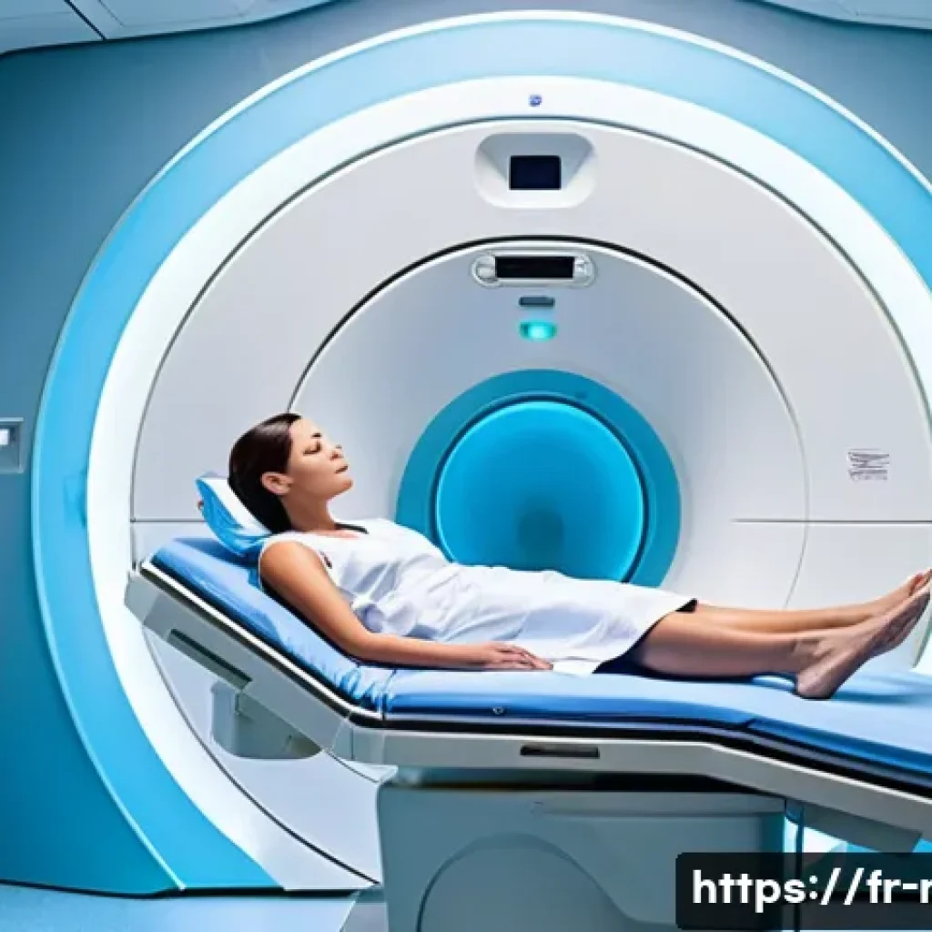 MRI 검사 장단점 비교 - **Prompt:** A clean, brightly lit, and modern MRI suite. An adult patient, wearing a simple, modest ...