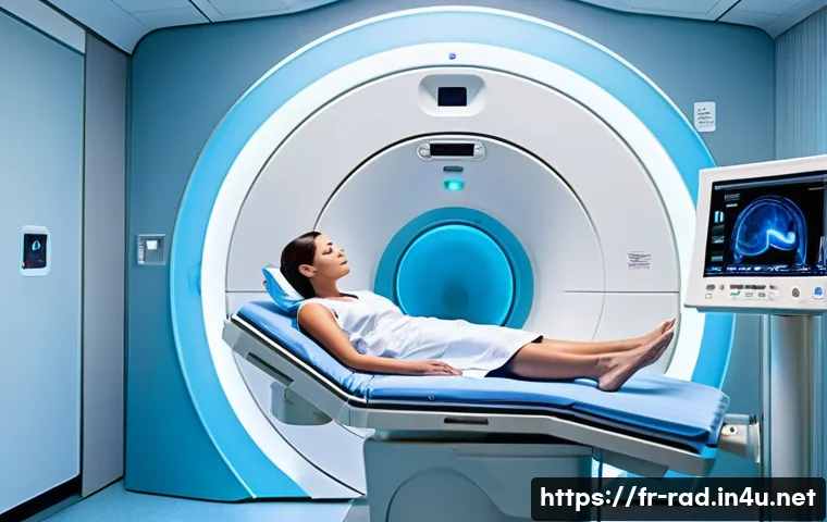 MRI 검사 장단점 비교 - **Prompt:** A clean, brightly lit, and modern MRI suite. An adult patient, wearing a simple, modest ...
