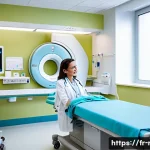 소아 CT 검사 후기 - A calm pediatric radiology examination room in a modern French hospital, featuring a CT scanner with...