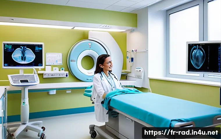 소아 CT 검사 후기 - A calm pediatric radiology examination room in a modern French hospital, featuring a CT scanner with...