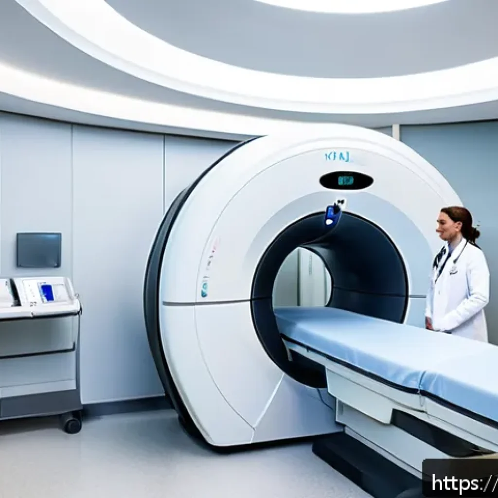 갑상선암 CT 진단 비용 - A modern French medical imaging center interior, showcasing advanced thyroid CT scanner equipment wi...