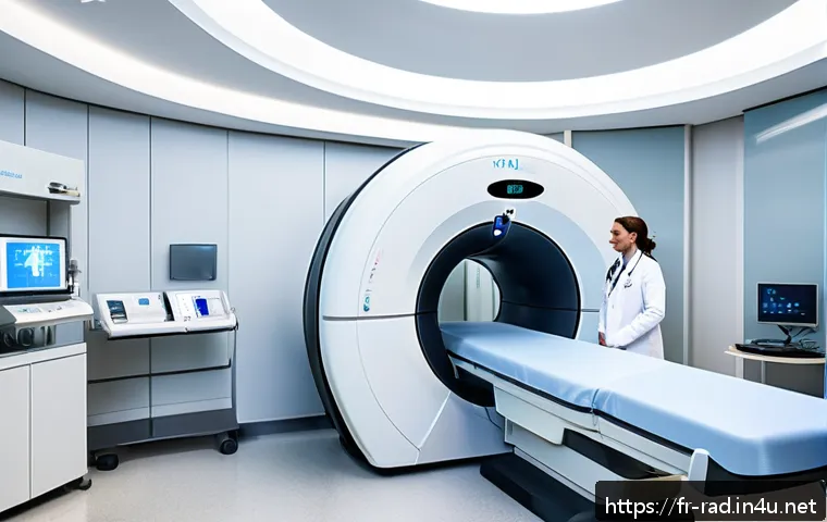 갑상선암 CT 진단 비용 - A modern French medical imaging center interior, showcasing advanced thyroid CT scanner equipment wi...