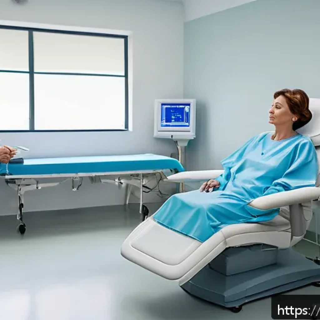 방사선 치료 후기 모음 - A calm and reassuring hospital radiotherapy room scene showing a middle-aged French patient wearing ...