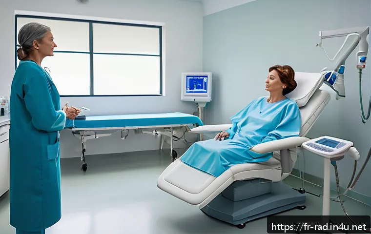 방사선 치료 후기 모음 - A calm and reassuring hospital radiotherapy room scene showing a middle-aged French patient wearing ...